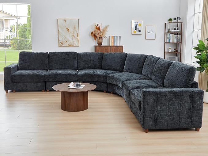 ORRD Oversized Curved Sectional Sofa, Convertible L Shaped Couch with Deep Seat, Boucle Modular Sectional Sofa with Pillows, Curved Chenille Comfy Corner 6 Seat Couch for Living Room, Black Blue