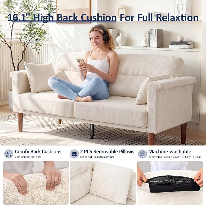 Vipbear 69" Loveseat Sofa,Modern Couches for Small Spaces,Beige Chenille Love Seat Couch for Living Room,Bedroom,Apartment,Office,Deep Seat,Armrest Tabletop,Throw Pillow