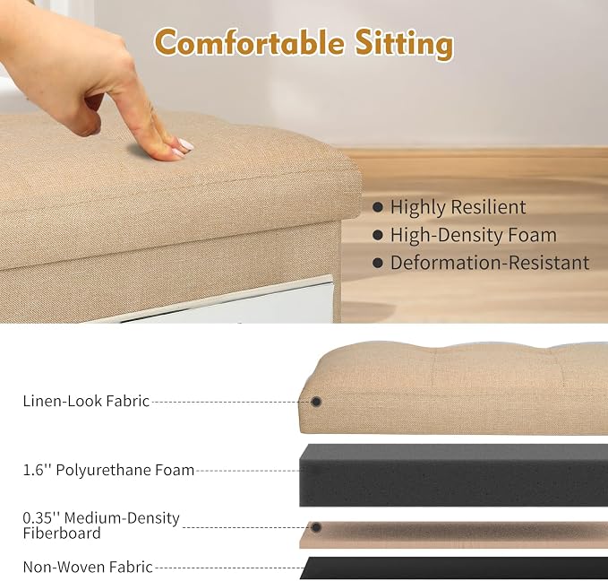 BelugaHelper Ottoman with Storage, Small Storage Ottoman Foot Rest with Thicker Foam Padded Seat. Foldable Linen Cloth Foot Stool for Living Room Bedroom, Holds Up to 300 lbs, 17x13x13IN(Beige)