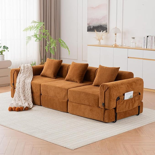 Cloud Modular Sectional Sofa, Foldable Floor Couch Bed, Convertible Sleeper Sofa Bed, Fold Out Boneless Couches for Living Room, Office, Guest Room, Apartment (3 Seater Couch, Orange)