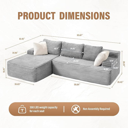 Hobestluk Boneless Couch Modular Sectional Sofa L-Shape Cloud Couch Lounge | 96" Left Facing Chaise Pale Gray,Memory Foam,Removable Cover,Non-slip Bottom,No Assemble Required,Furniture for Small Home