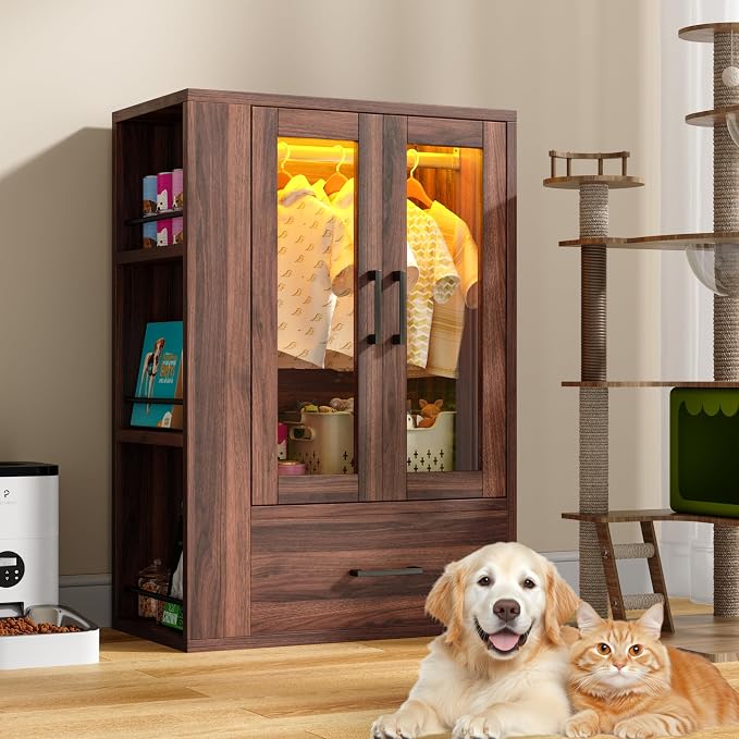 Wooden Dog Closet with LED Lights, Pet Wardrobe Organizer | Storage Cabinet for Dog & Cat Clothes, Toys, Food | Multi-Use Furniture, Walnut