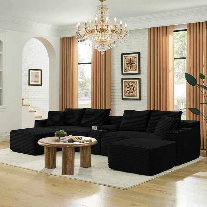 127" U-Shaped Cloud Sectional Couch Oversized Modular Compressed Boneless Sectional Sofa with Ottoman Chaise Lounges & Console, Plush Corduroy Boneless Symmetrical Sofa