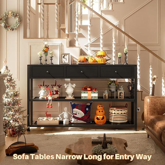 Ecopriso 47'' Entryway Table with Outlets and USB Ports, Console Table with 3 Drawers, Sofa Table Narrow Long with Storage Shelves for Living Room, Couch, Hallway, Foyer, Kitchen Counter, Black
