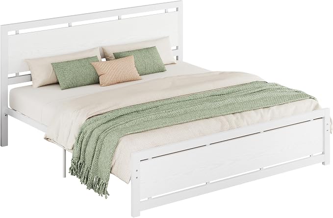LIKIMIO King Bed Frame with Headboard and Footboard, Metal Strong Supports, Easy Assembly, Noise-Free, No Box Spring Needed, White