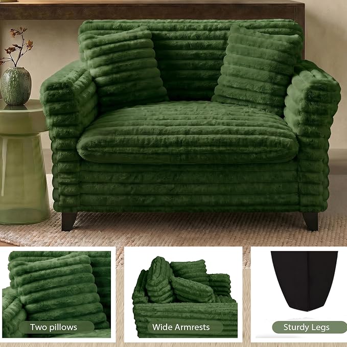 ERYE 46.9" Corduroy Upholstered Accent Chair Wide Seat Armchair for Living Room Bedroom, Modern Cloud Cushion Armchair W/ 2 Pillows and Wooden Legs for Home Apartment Office