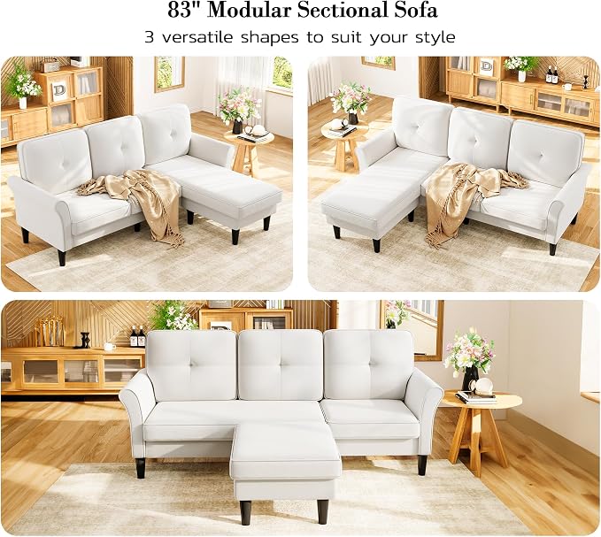 Small Sectional Couch, 83" L Shaped Couch, Comfy Velvet Couches for Living Room, Tool-Free Setup Modular Sectional Sofa, 850lbs Load Sofas for Living Room with 1 Movable Ottoman, White Couch