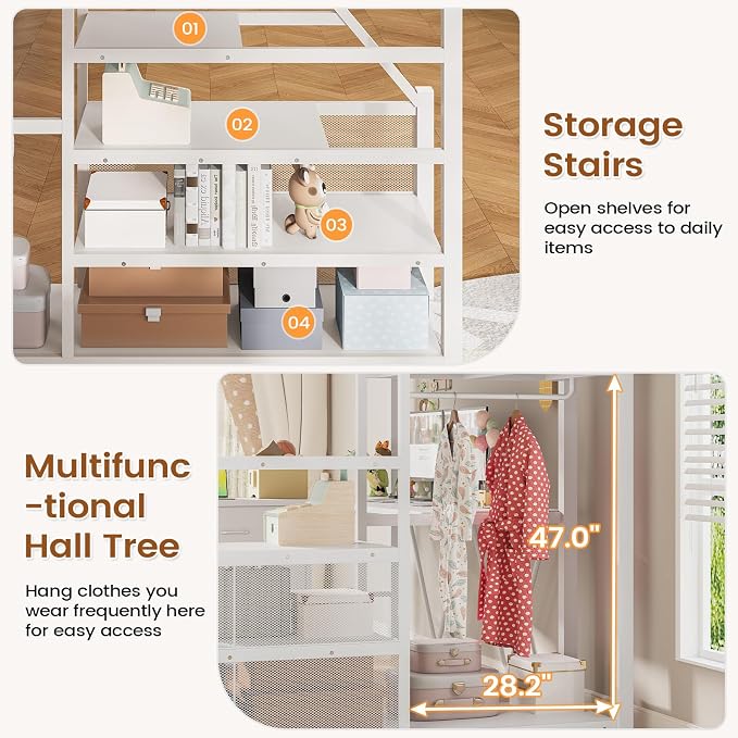 Itaar Full Size Loft Bed with Desk and Storage Stairs, Metal Loft Bed with 6 Storage Drawers, Hall Tree, LED Lights and Power Outlet, for Kids, Teens, Adults, (White, Full)