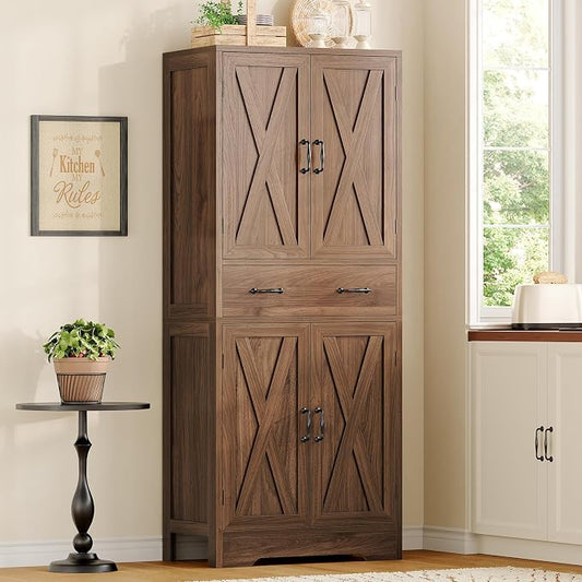 TEENFON Tall Storage Cabinet with 2 Adjustable Shelves & 1 Large Drawer, Kitchen Pantry Cabinet with 4 Doors, Bathroom Storage Cabinets, for Living Room, Kitchen, Bathroom, Walnut