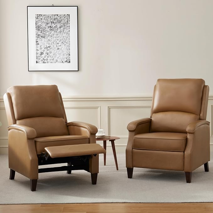 VKNOW Recliner Chair, Faux Leather Recliner with Armrest, Home Theater Seating with Adjustable Push Back and Lumbar Support, Single Sofa for Adults, Lounge Chair for Living Room, Bedroom(Yellow Brown)
