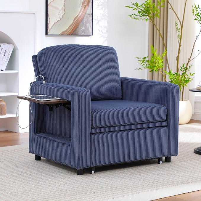 3 in 1 Folding Convertible Sleeper Sofa Bed Pull Out Couch with Side Pockets USB Port Side Table Single Sofa Bed with Adjustable Backrest for Living Room Bedroom 66" Blue 1 SEAT