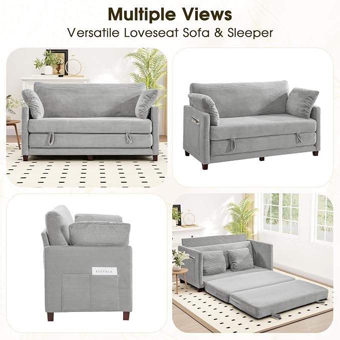 65" Convertible Loveseat Sofa Bed, 2-in-1 Folding Sofa Bed with 2 Pillow for Small Spaces, Modern Loveseat Sleeper Couch for Apartment, Living Room & Guest Room (Corduroy Light Grey, 65 inch)