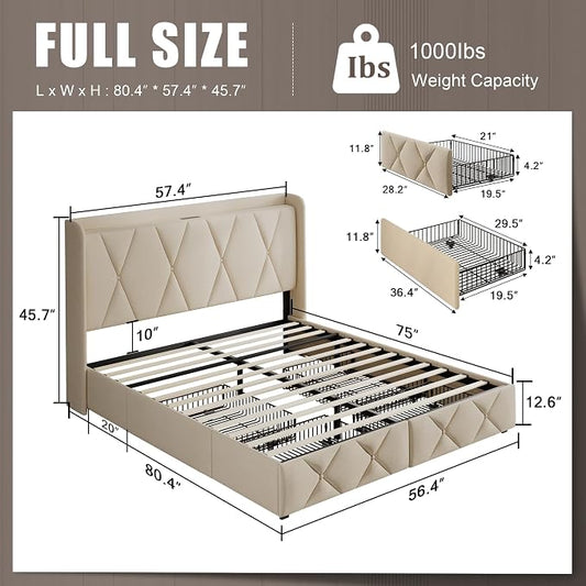 Einhomn Full Size Bed Frame with 4 Storage Drawers and Charging Station, Upholstered Platform Bed Frame with Storage Headboard, No Box Spring Needed, Easy Assembly, Beige