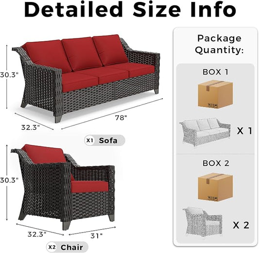 3 Pieces Patio Conversation Furniture Set - 1 Sofa, 2 Armchairs, Outdoor Wicker Furniture with Removable Cushions for Porch, Balcony, Sunroom (Red)