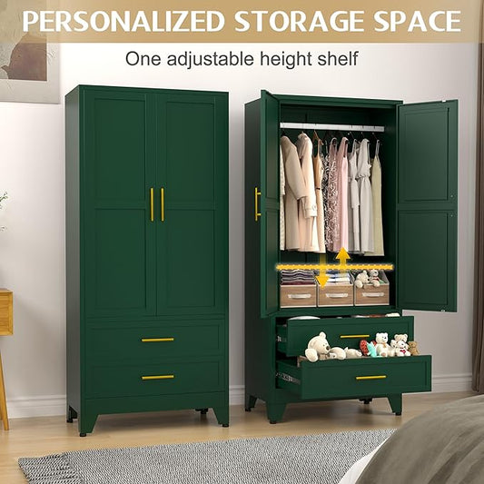 GAIOUS 71" Wardrobe Cabinet with 2 Doors, 1 Adjustable Shelf and 2 Drawers | Metal Clothing Storage Cabinets with Hanging Rod, Armoire Wardrobe Closet for Bedroom, Cloak Room, Gym (Green)