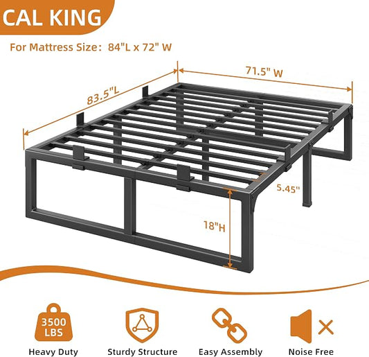 California King Bed Frames, 18 Inch Metal Platform Bed Frame with Squeak Free U-Slot Design, 6 Non-Slip Guards, 3500lbs Heavy Duty Steel Slat Support, No Box Spring Needed, Under Bed Storage