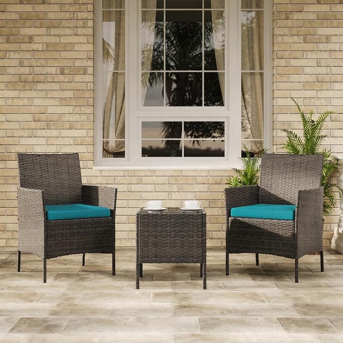 3-Piece Outdoor Furniture Set, PE Rattan Wicker Chairs with Soft Cushions & Tempered Glass Coffee Table - All-Weather Patio Set for Garden, Backyard, Porch, Poolside (Brown/Peacock Blue)