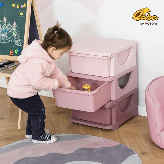 Qaba 3 Drawers Kids Storage Unit, 3 Tier Stackable Toy Organizers and Storage Chest for Bedroom, Nursery, Playroom, Living Room, Boys, Girls, Toddlers, Pink