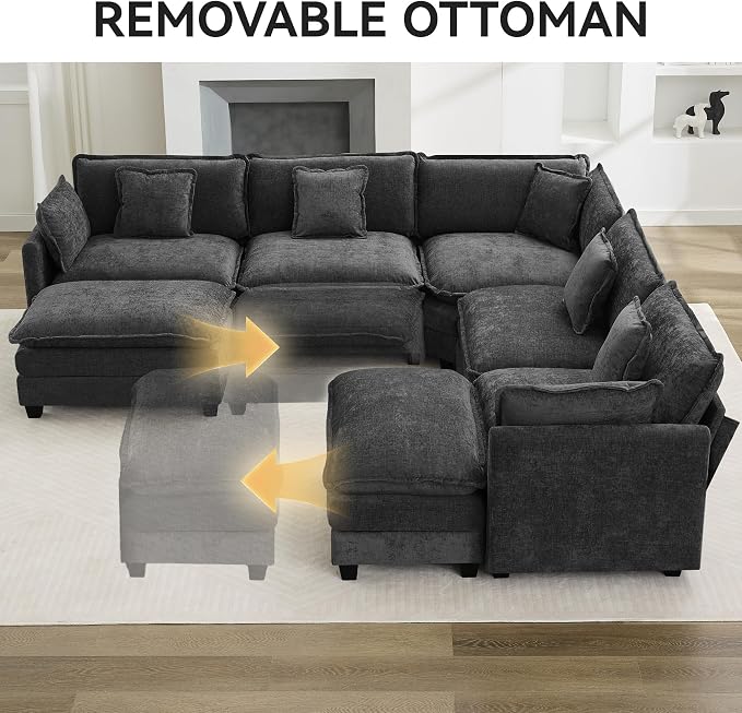 113'' V Shaped Cloud Sectional Sofa, Oversized Deep Seat Couches for Living Room, Chenille Comfy Upholstered Modular Sectional Sofa Couch with 2 Movable Ottoman, Dark Grey