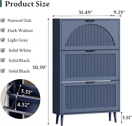 Xixini Shoe Storage Cabinet with 3 Flip Drawers, 50" Tall Narrow Wood Fluted Shoe Organizer for Entryway, Freestanding Wooden Hidden Slim Shoe Rack for Front Door Entrance, Hallway, Foyer, Navy Blue