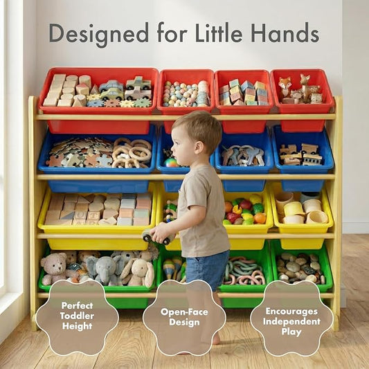 Humble Crew Toy Storage Organizer with 16 Removable Storage Bins for Kids Playroom, 4-Tier Toddler Toy Organization, Natural Wood/Primary