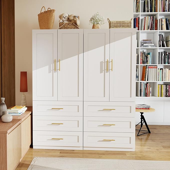 White Wardrobe with 4 Doors: 75" Tall Armoire Wardrobe Closet with 6 Drawers, Bedroom Closet Cabinet for Hanging Clothes, Wooden Storage Armoire with Shelves (Modern, 2)