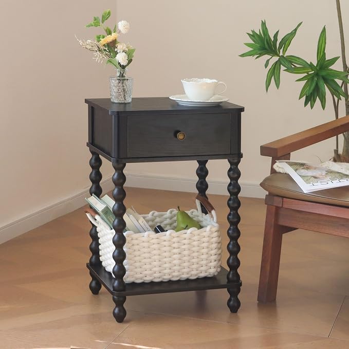 AWASEN Black Nightstand, Bedroom Side Table with Drawer for Living Room, Small Bedside End Table with Spindle Wood Legs for Bedroom, Office, Black