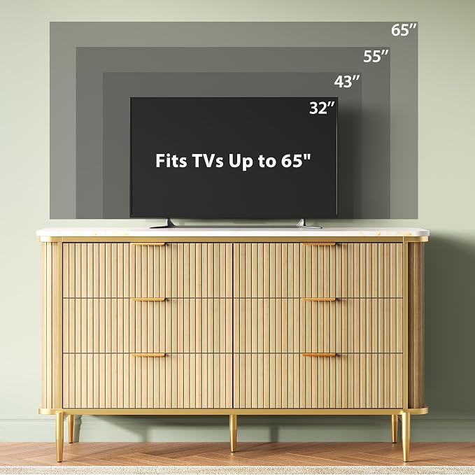 Fluted 6 Drawers Dresser for Bedroom, 55" Wide Modern Vertical Chest with Faux Marble Top, Dresser TV Stand, Wood Drawer Organizer for Living Room, Hallway