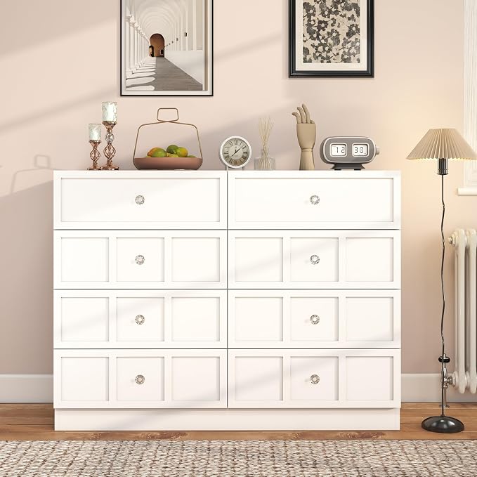 8 Drawer Dresser for Bedroom: 47" Fluted White Dresser Deep Drawers, Modern Chest of Drawers for Bedroom, Fluted Wood Dressers for Living Room, Hallway