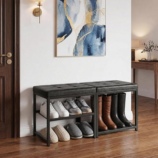 DreamDashio Set of 2 Small Shoe Storage Benches with PU Leather Cushion, 3-Tier Shoe Rack Organizer for Entryway, Metal Mesh Shelves, Holds Up to 300 lbs, Black (31.5"x11.4"x17.5")