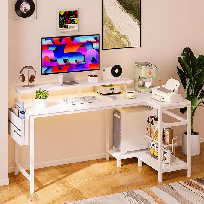 DUMOS L Shaped Gaming Desk, 48" Computer Desks with USB Charging Ports, Power Outlets, Type-C and LED Lights, Reversible Desk with Storage Shelves & Monitor Stand for Office,White