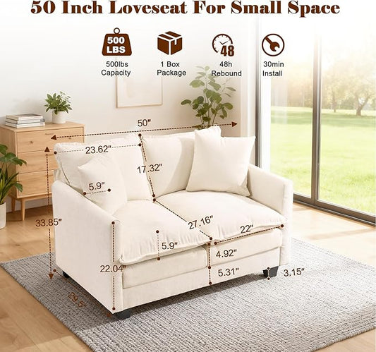 50'' Loveseat Sofa Cloud Sofa Couch, Modern Loveseats 2 Seat Couch 27" Deep Seat with 2 Pillows for Small Spaces Apartment Studio Office Bedroom Living Room, Beige