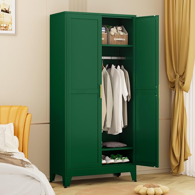 winiowa Metal Armoire Wardrobe Closet with 2 Doors, 71" Wardrobe Cabinet with Adjustable Shelves and Hanging Rod, Clothing Storage Cabinet Closet for Bedroom-Green