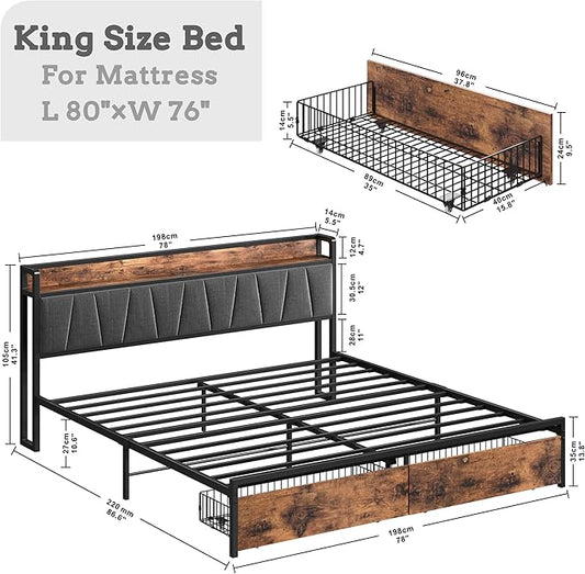 LIKIMIO King Size Bed Frame with 2 Drawers and Charging Station | Platform Bed with Upholstered Storage Headboard, No Box Spring Needed, Easy Assembly, Sturdy, Industrial Brown and Gray