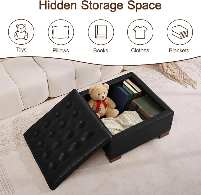 WUTUTUEE 30" Faux Leather Square Storage Ottoman with Wooden Tray, Modern Tufted Button Footstool Coffee Table, Upholstered Large Ottoman for Living Room, Bedroom, Black