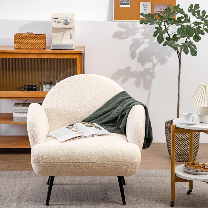 Accent Chair White with Black Metal Legs,Reading Chair for Bedroom Comfy, Boucle Sherpa Chair for Living Room, Bedroom