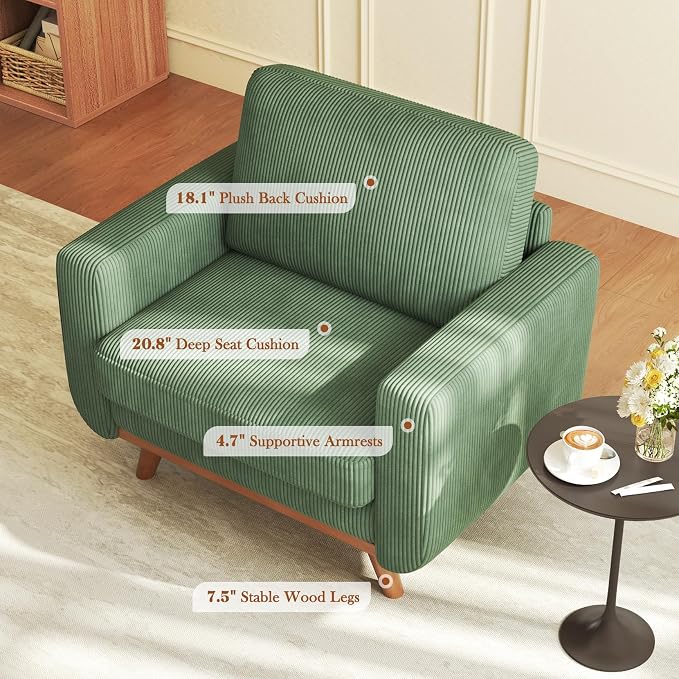 Vesgantti 38.5" Accent Chair Green, Comfy Corduroy Single Sofa Seat with Spring Cushion, Upholstered Armchair with Deep Seat, Reading Chair for Adults, Modern Sofa for Living Room, Bedroom