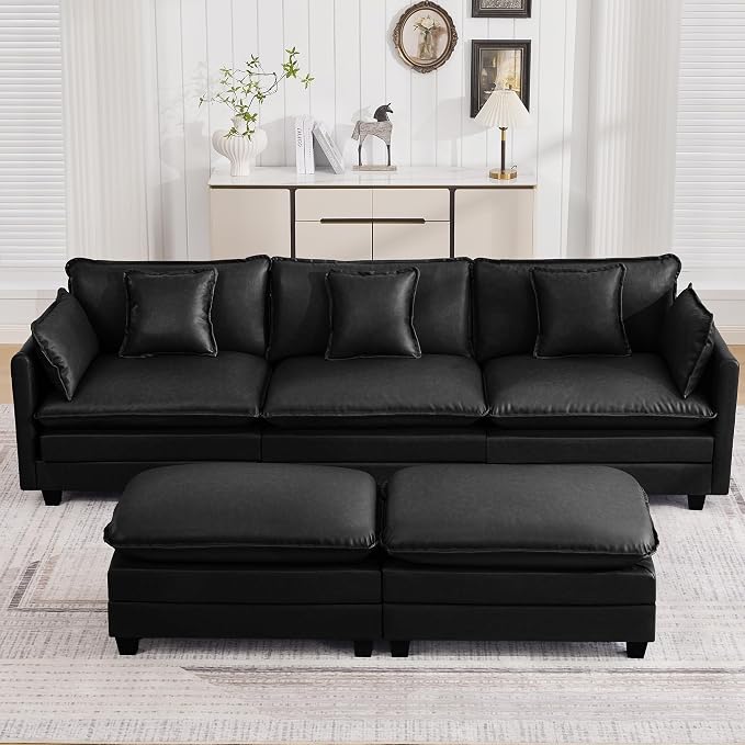 111'' Sectional Cloud Deep Seat Couch, Oversized Leather U Shaped Sectional Sofa for Living Room Set, Comfy Upholstered Modular 5-Seats Sectional Sofa Couch with 2 Movable Ottoman, Leather Black