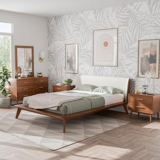 Furniture of America Wyatt Modern Solid Wood Bedroom Collection with Queen Bed Frame, Nightstands, Dresser with Mirror, No Box Spring Needed, Walnut, Boucle Wingback Low Profile, 5-Piece Set
