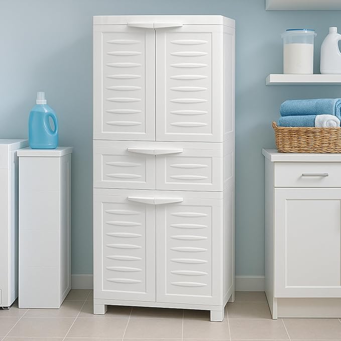 Sunnydaze 57" H Resin Garage Storage Cabinet - Garage Cabinet with 2 Adjustable Shelves - Freestanding Utility Storage for Laundry Room, Office, Basement - Speckled White