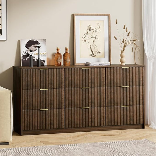 Furniway 3 Piece Bedroom Set, 9 Drawer Dresser and 3-Drawer Nightstand Set of 2 with Gold Handles, Mid-Century Modern Wood Chest of Drawers Storage Cabinet for Bedroom, Walnut