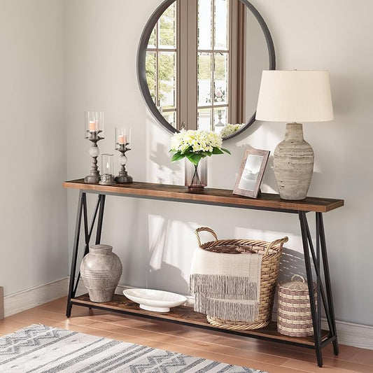 MAHANCRIS Console Table for Entryway, 63" Industrial Entryway Table, 2-Tier Extra Long Sofa Table Behind Couch, X-Shaped Support, for Entryway, Hallway, Living Room, Rustic Brown CTHR4801Z