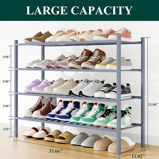 Smiry Long Bamboo Shoe Rack, 4 Tier Free Standing Wooden Shoe Organizer, Stackable Wood Shoe Storage Shelf for Closet, Entryway, 12 Vertical Slats, 2+2 Stack Standard Legs, 33.7"x11"x26", Grey