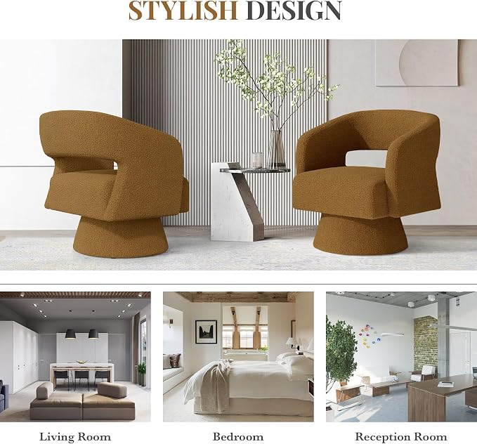 Luxanimarion Swivel Barrel Accent Chair,Oversized Teddy Upholstered Round Swivel Chair,Modern Luxury 360 Degree Living Room Vanity Chair for Bedroom Office,Browm,2PCS
