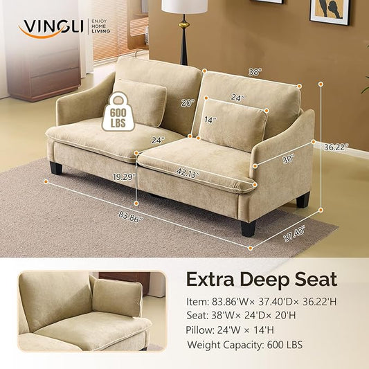VINGLI 84" Extra Deep Seat Sofa Couch, 3 Seater Upholstered Living Room Couches with 2 Piped Seater Cushions, Throw Pillows, Modern Linen Velvet Fabric Sofa for Apartment Bedroom Office