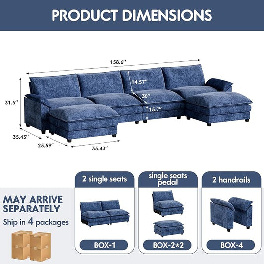 Homall 159" Modular Sectional Sofa, Loveseat Sofa Couch with Double-Layer Cushion, DIY Combination Chenille Deep 2-Seat Cloud Couch for Living Room (Dark Blue, U Shaped Sofa)