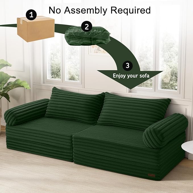 MeMoreCool Convertible Sofa Bed, Folding Floor Couch Bed Queen, Pull Out Sleeper Couch with Pillows, Fold Out Futon Sofa for Bedroom Living Room Small Space, Corduroy Green