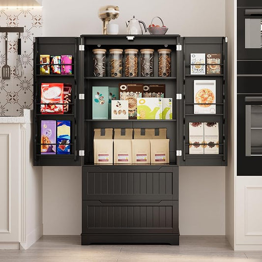 Gizoon Kitchen Storage Cabinets with Drawers Freestanding Kitchen Pantry with Doors and Shelves, 63" Food Pantry Cabinet for Dining Room Craft Room, Black, Painted