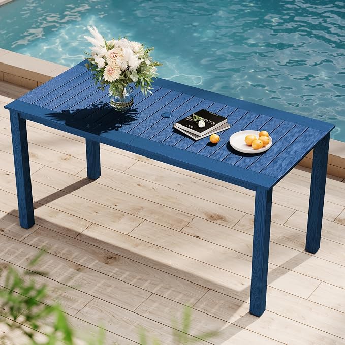 YEFU Outdoor Dining Table for 6: All Weather Rectangular Patio Table with Umbrella Hole and Aluminum Frame - Outdoor Furniture for Outside Backyard/Garden/Pool/Porch/Deck, 300lbs Capacity, Blue
