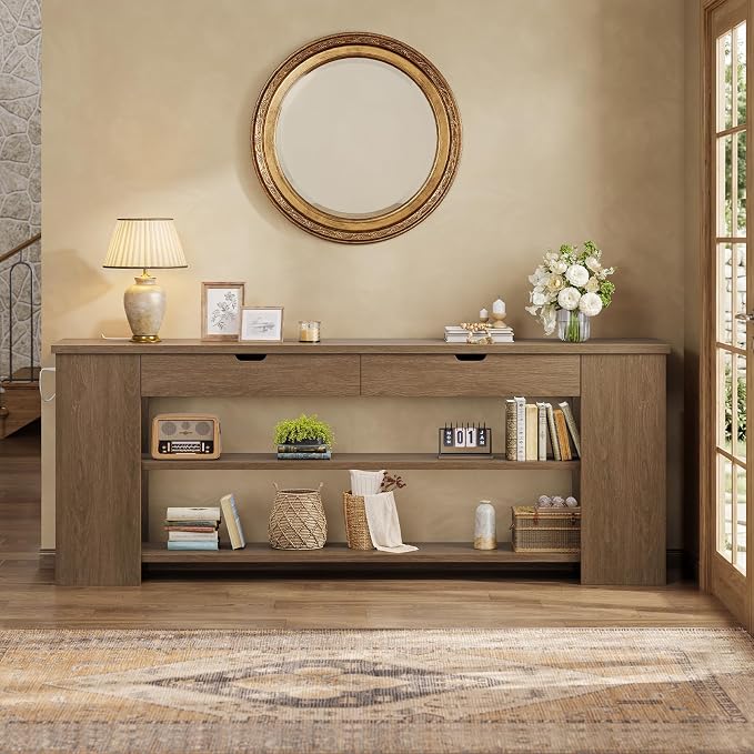 71.8 Inch Extra Long Console Table with Drawers, Farmhouse Long Console Table with Shelves & Built-in Outlets, Entryway Table with Storage for Living Room, Entryway, Hallway, Brown